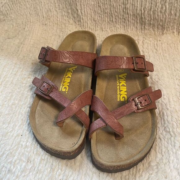 Viking Terracotta leather Embossed loop toe straps sandals EUR SZ38 - Picture 2 of 10